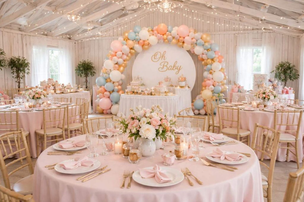 indoor baby shower setup at 1881 Occasions in Hilliard, FL