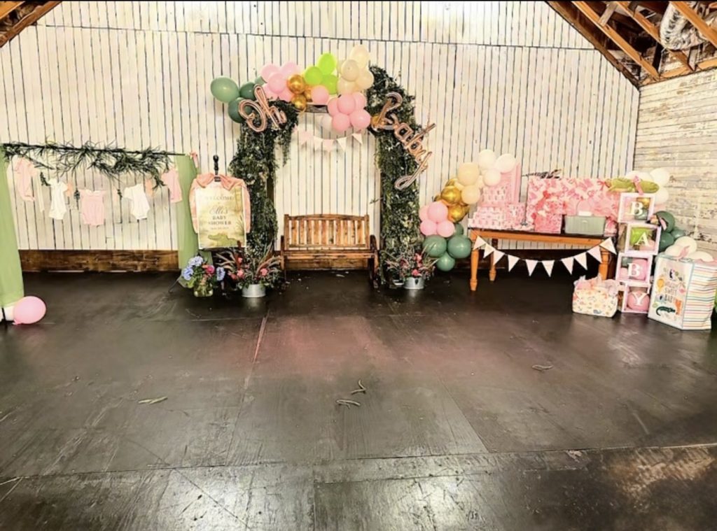 indoor baby shower setup at 1881 Occasions in Hilliard, FL