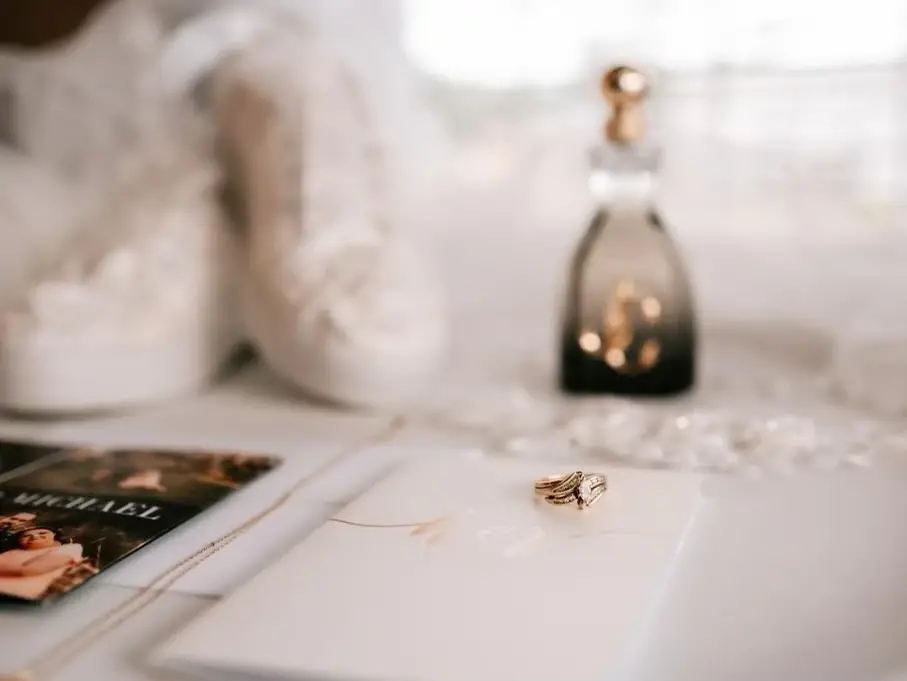 wedding ring sitting on a wedding invitation